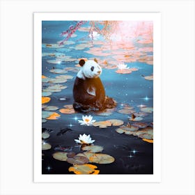 Baby Panda Floating On Water Lilies Art Print