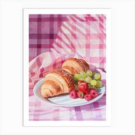 Pink Breakfast Food Bread, Croissants And Fruits 2 Art Print