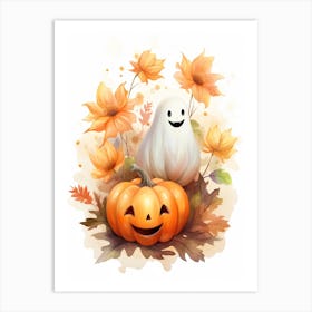 Cute Ghost With Pumpkins Halloween Watercolour 84 Art Print