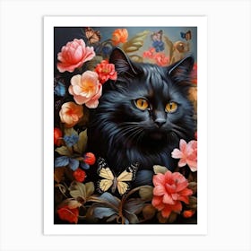 Black Cat With Butterflies Art Print