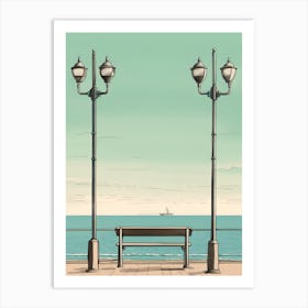 Bench On Seafront Brighton Style Lamp Posts Evening Horizon Art Print