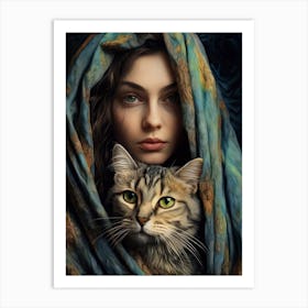 Portrait Of A Woman With A Cat Art Print