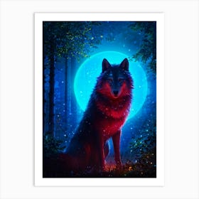 Glowing Wolf Full Body Radiates With Blue And Red Sparks Adorned With Rain Inspired Embellishment Art Print