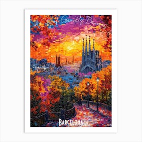 Barcelona Skyline, abstract cubism vibrant Poster Art Print