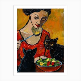 Portrait Of A Woman With Cats Eating A Salad  2 Art Print