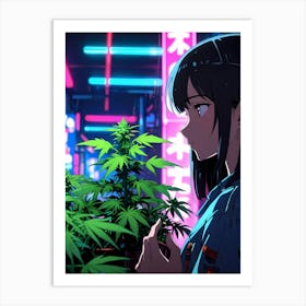 Anime Girl Looking At Marijuana Art Print