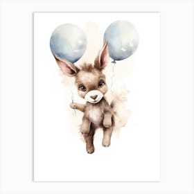Baby Donkey Flying With Ballons, Watercolour Nursery Art 3 Art Print