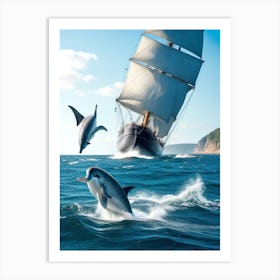 Dolphins and a Ship Art Print