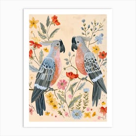 Folksy Floral Animal Drawing Parrot Art Print