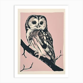 Northern Saw Whet Owl Linocut Blockprint 2 Art Print