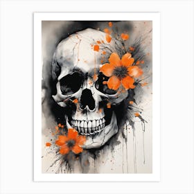 Abstract Skull Orange Flowers Painting (8) Art Print