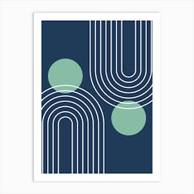 Mid Century Modern Geometric In Navy Blue And Greenery (Rainbow And Sun Abstract) 01 Art Print