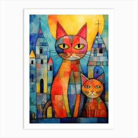 Two Patchwork Cats In Front Of Medieval Churches  Art Print