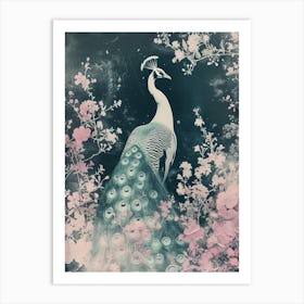 Vintage Cyanotype Inspired Peacock With Blossom 3 Art Print