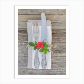 Table Setting With Silverware and rose Art Print