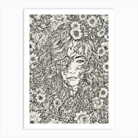 Girl In Flowers, Sunflower Art Print Art Print