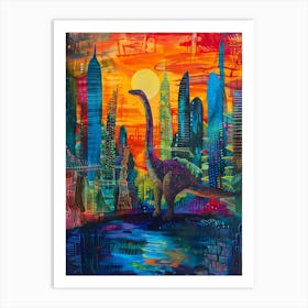 Colourful Dinosaur Cityscape Painting 8 Art Print