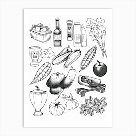 Fruits And Vegetables Black And White Line Art Art Print