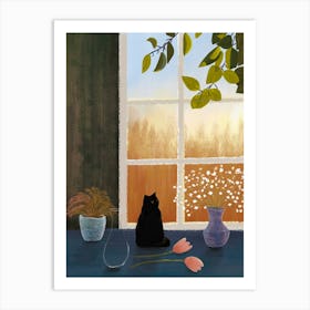 Black Cat By The Window Art Print