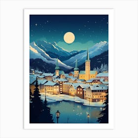 Winter Travel Night Illustration Lucerne Switzerland 3 Art Print