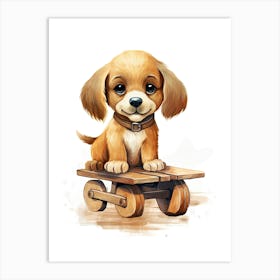 Puppy On A Toy Car, Watercolour Nursery 0 Art Print