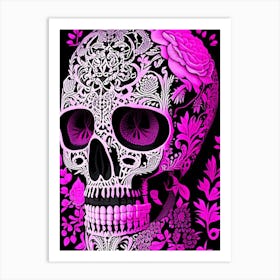Skull With Intricate Henna 1 Designs Pink Linocut Art Print