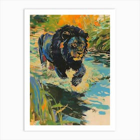 Black Lion Crossing A River Fauvist Painting 2 Art Print