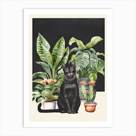 Black Cat And House Plants Art Print