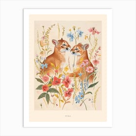 Folksy Floral Animal Drawing Puma 4 Poster Art Print