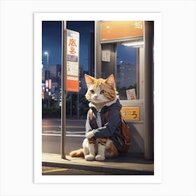 Cat At The Bus Stop Art Print