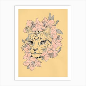 Cute Bengal Cat With Flowers Illustration 2 Art Print
