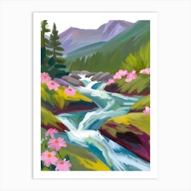 Mountain Stream With Pink Flowers Art Print