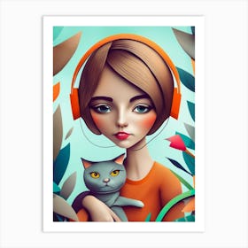 Girl With Headphones And A Cat Art Print