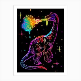 Neon Dinosaur Breathing Rainbow Fire Art Print