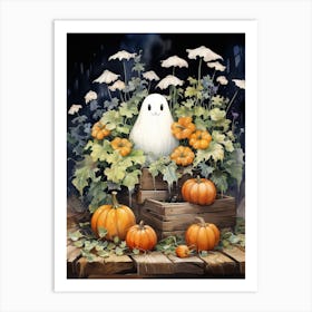 Cute Bedsheet Ghost, Botanical Halloween Watercolour 27 Art Print