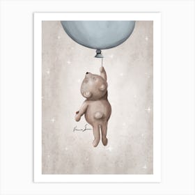 Flying Teddy Bear With Blue Balloon Art Print