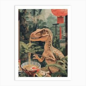 Dinosaur Eating Ramen Retro Collage Art Print