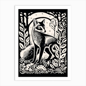 Linocut Fox Illustration Black 13 Art Print