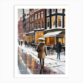 Amsterdam cafes, winter season, Christmas, autumn oil colors, pale colors, pedestrians in the street, winter clothes, falling snow.4 2 Art Print