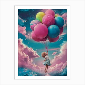 Girl Flying With Balloons Art Print