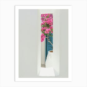 Santorini Art Print - Pink Flowers Art Print