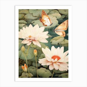 Butterflies & Waterlilies Japanese Style Painting 1 Art Print