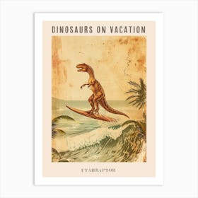 Vintage Utahraptor Dinosaur On A Surf Board 2 Poster Art Print