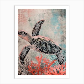 Sea Turtle Coral Textured Collage 3 Art Print