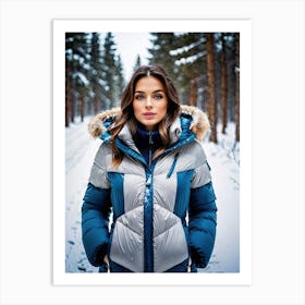 Woman in down jacket walking in a snowy park 1 Art Print