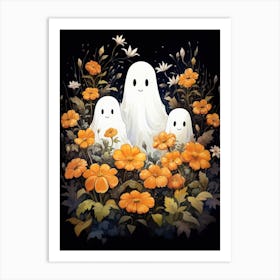 Cute Bedsheet Ghost, Botanical Halloween Watercolour 13 Art Print