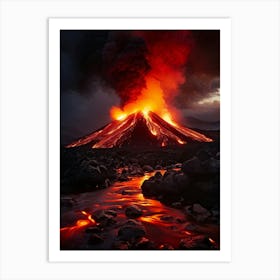 Molten Lava Erupting Dynamically Fiery Reds And Oranges Gleaming Against A Dark Volcanic Landscape Art Print