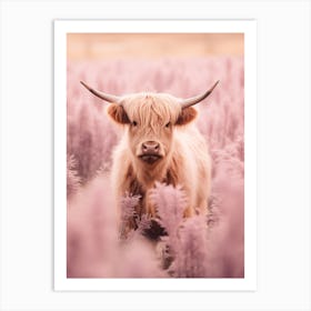 Pastel Pink Portrait Of Highland Cow In The Grass 1 Art Print