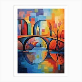 New Day Bridge in Sunset, Vibrant Colorful Painting in Picasso Cubism Style Art Print