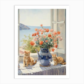 Cat With Geranium Flowers Watercolor Mothers Day Valentines 1 Art Print